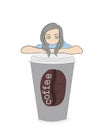 Business woman peeking out of coffee glass. vector illustration.