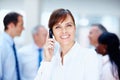 Business woman, phone call and portrait in office of lawyer with confidence and smile. Happy, working and company Royalty Free Stock Photo