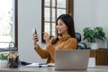 business woman with phone for communication, connection and typing while smile, happy and relax. Entrepreneur, excited