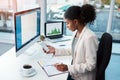 Business woman with phone, notebook and schedule at desk with calendar app and daily agenda at corporate agency Royalty Free Stock Photo