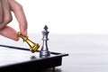 Business woman play Chess to success. Leader use strategy game to challenge competitor with intelligence leadership power to move