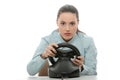 Business woman playing race game Royalty Free Stock Photo