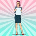 Business Woman Pointing on Blank Paper Sheet. Pop Art retro illustration Royalty Free Stock Photo