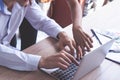 Business woman pointing on laptop screen, Coworker brainstorm