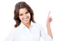Business woman pointing at white background