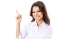 Business woman pointing at white background