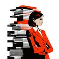 Business woman, pop art retro vector illustration. Businesswoman stack of pappers