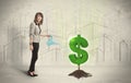 Business woman poring water on dollar tree sign on city background