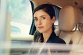 Business woman, portrait and car for travel, commute or corporate conference with luxury transport service. Professional Royalty Free Stock Photo