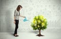 Business woman pouring water on lightbulb growing tree Royalty Free Stock Photo