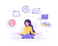 Business woman practicing mindfulness meditation with office icons on the background. Multitasking and time management concept.