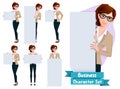 Business woman presentation character vector set. Businesswoman characters in presenting pose and gestures holding whiteboard.