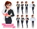 Business woman presentation character vector set. Businesswoman characters in presenting pose and gestures holding whiteboard.