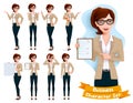 Business woman presentation character vector set. Businesswoman characters in presenting pose and gestures holding whiteboard.