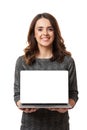 Business woman presenting laptop empty screen Royalty Free Stock Photo