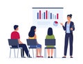 Business woman presenting new project to her partners and colleagues. She is showing graphs and pie charts. Coach giving Royalty Free Stock Photo