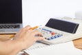 Business woman putting her hand on calculator, business and investment concept