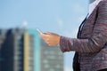 Business woman reading text message in the city Royalty Free Stock Photo