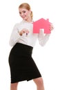 Business woman real estate agent holding red paper house keys Royalty Free Stock Photo