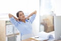 Business woman, relax and desk at office with documents on break for accounting or finance. Portrait of female person Royalty Free Stock Photo