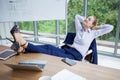 business woman relaxing or sleeping with her feet on the desk in office. female boss worker close eyes sitting with legs on the