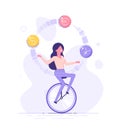 A business woman is riding on unicycle and juggling different currency signs. Currency exchange service and trading concept. Flat