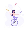 A business woman is riding on unicycle and juggling different tasks. Multitasking concept. Flat vector illustration