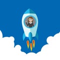 Business woman on rocket. Startup rocket flying in sky. Business