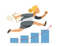 Business woman run and hurry on growth chart graph vector illustration, funny comic cute cartoon accountant or businesswoman