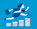 Business woman run and hurry on growth chart graph vector illustration, funny comic cute cartoon accountant or businesswoman