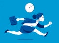 Business woman run and hurry late vector illustration, funny comic cute cartoon accountant or businesswoman worker or employee in