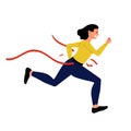 Business woman running crossing red ribbon at finish, concept of leadreship. Flat vector illustration Royalty Free Stock Photo