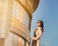 Business woman in santasusana glasses standing Royalty Free Stock Photo