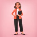 Business woman or secretary. Businesswoman stands in full growth holding a folder in her hands. Vector illustration