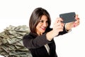 Business woman selfie with many money Royalty Free Stock Photo