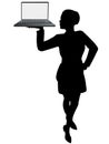 Business woman server holds up laptop computer