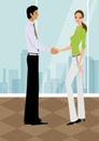 business woman shaking hands with a man in office