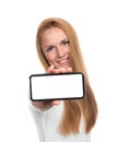 Business woman show blank card or mobile cell phone display Royalty Free Stock Photo