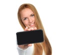 Business woman show blank mobile cell phone