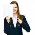 Business woman show board, banner with copy space.finger pointi Royalty Free Stock Photo