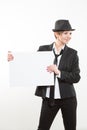 Business woman show board, banner with copy space. Royalty Free Stock Photo