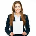 Business woman show board, banner with copy space. smiling woma Royalty Free Stock Photo