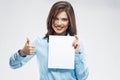 Business woman show thumb up. holding white banee Royalty Free Stock Photo