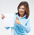 Business woman show thumb up. holding white banee Royalty Free Stock Photo