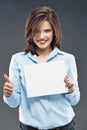 Business woman show thumb up. holding white banee Royalty Free Stock Photo