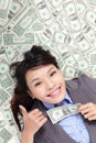 Business woman show thumb up with money Royalty Free Stock Photo