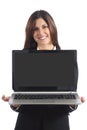 Business woman showing a blank laptop screen Royalty Free Stock Photo