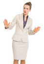 Business woman showing calm down gesture