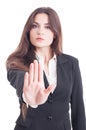 Business woman showing palm as stop, stay, decline or refuse Royalty Free Stock Photo