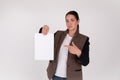 Business woman showing paper isolated over white background